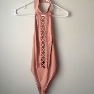 Peach Cage Front Mock Neck Bodysuit